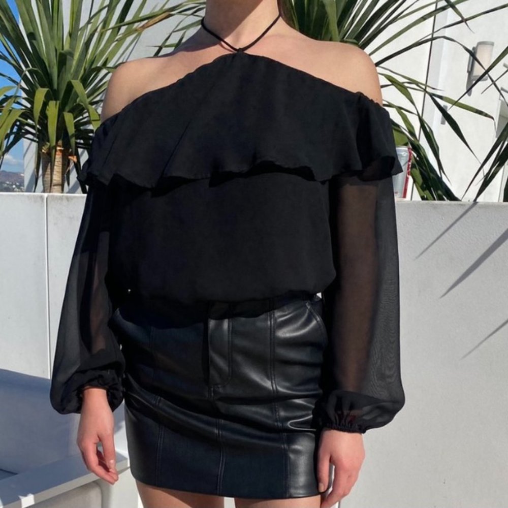 Honey Punch Off-The-Shoulder Long Sleeve Sheer Top